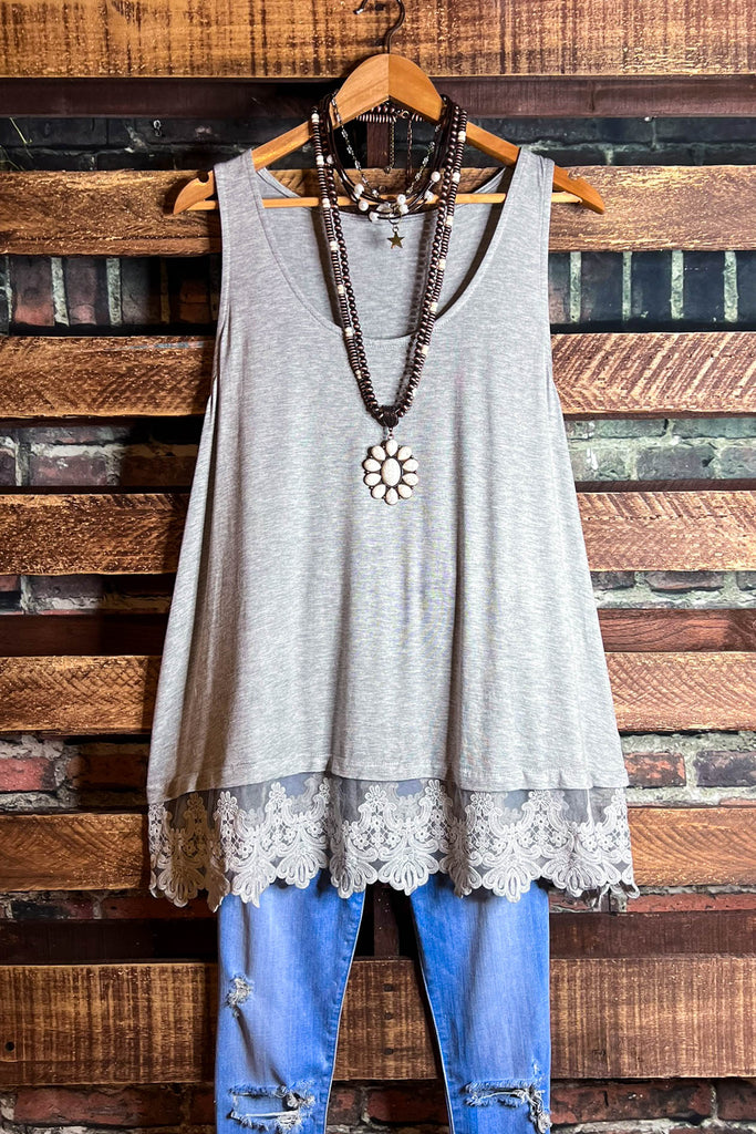 FULL OF GRACE HEATHER GRAY LACE SLIP DRESS EXTENDER TOP
