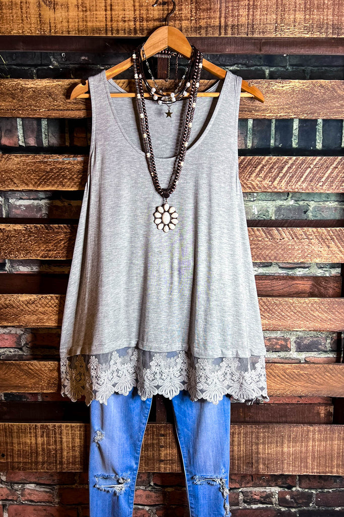 FULL OF GRACE HEATHER GRAY LACE SLIP DRESS EXTENDER TOP