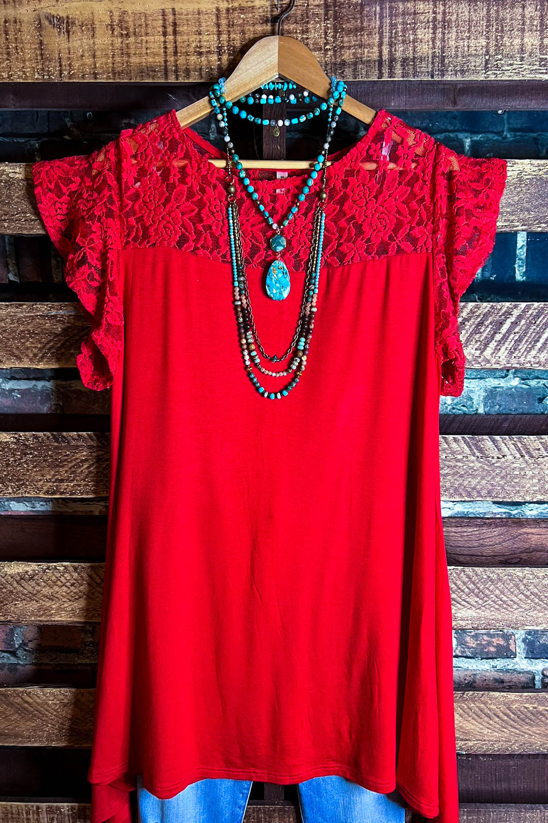 CITY OF LOVE LACE TUNIC IN RED