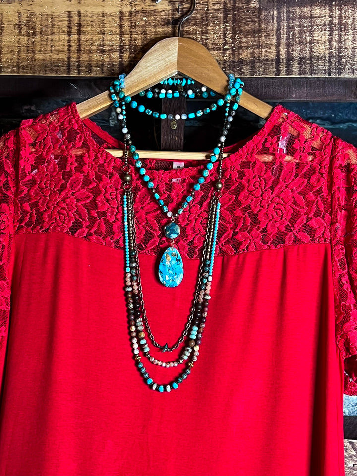 CITY OF LOVE LACE TUNIC IN RED