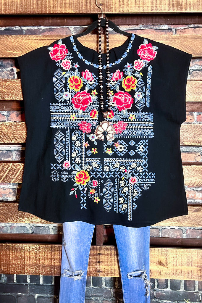 100% COTTON SWEET BLOSSOMS FLORAL EMBROIDERED BLOUSE IN BLACK