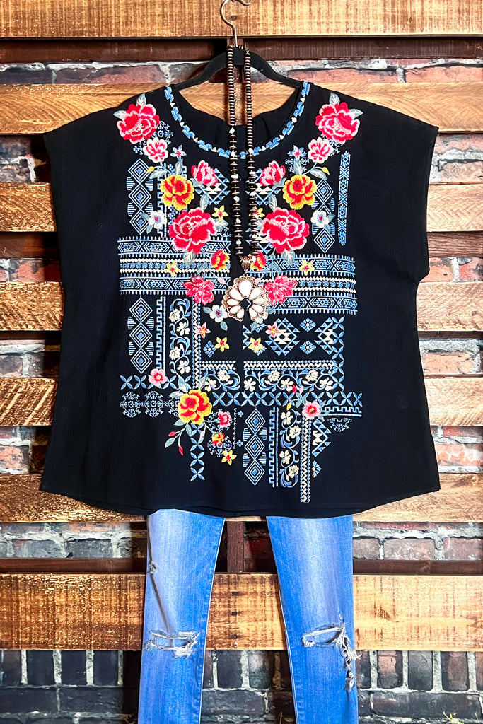 100% COTTON SWEET BLOSSOMS FLORAL EMBROIDERED BLOUSE IN BLACK
