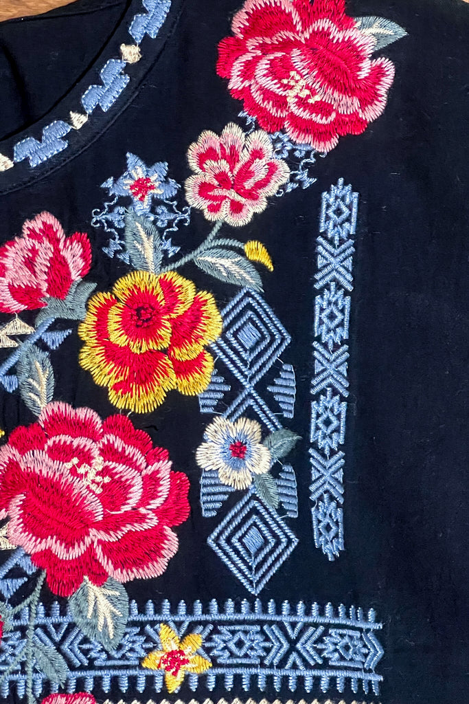 100% COTTON SWEET BLOSSOMS FLORAL EMBROIDERED BLOUSE IN BLACK