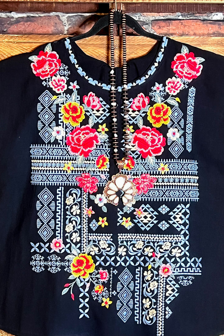 16-20 SIZE -  100% COTTON FLORAL BLOUSE IN BLACK --------SALE