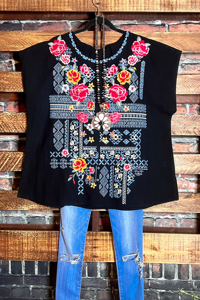 100% COTTON SWEET BLOSSOMS FLORAL EMBROIDERED BLOUSE IN BLACK