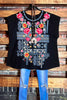 100% COTTON SWEET BLOSSOMS FLORAL EMBROIDERED BLOUSE IN BLACK