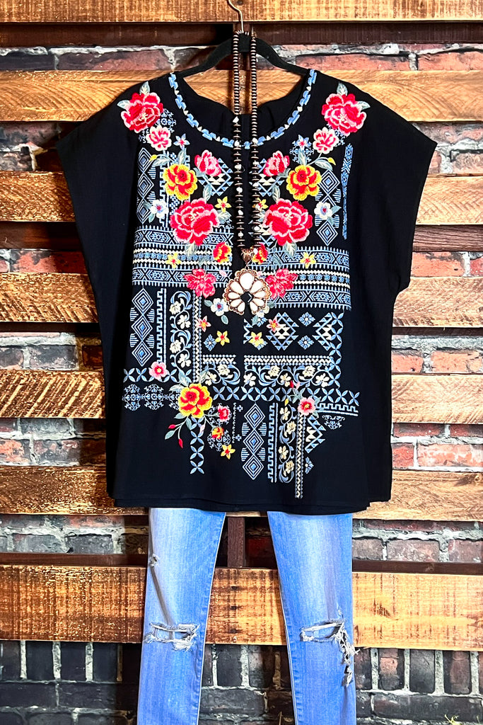 100% COTTON SWEET BLOSSOMS FLORAL EMBROIDERED BLOUSE IN BLACK