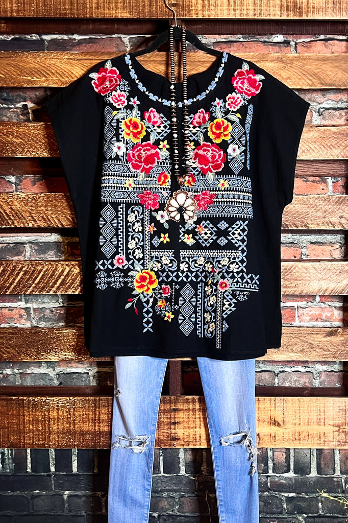 100% COTTON SWEET BLOSSOMS FLORAL EMBROIDERED BLOUSE IN BLACK