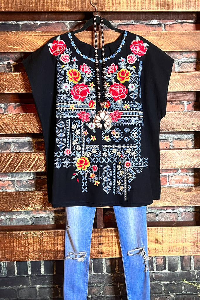 100% COTTON SWEET BLOSSOMS FLORAL EMBROIDERED BLOUSE IN BLACK