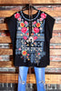 100% COTTON SWEET BLOSSOMS FLORAL EMBROIDERED BLOUSE IN BLACK