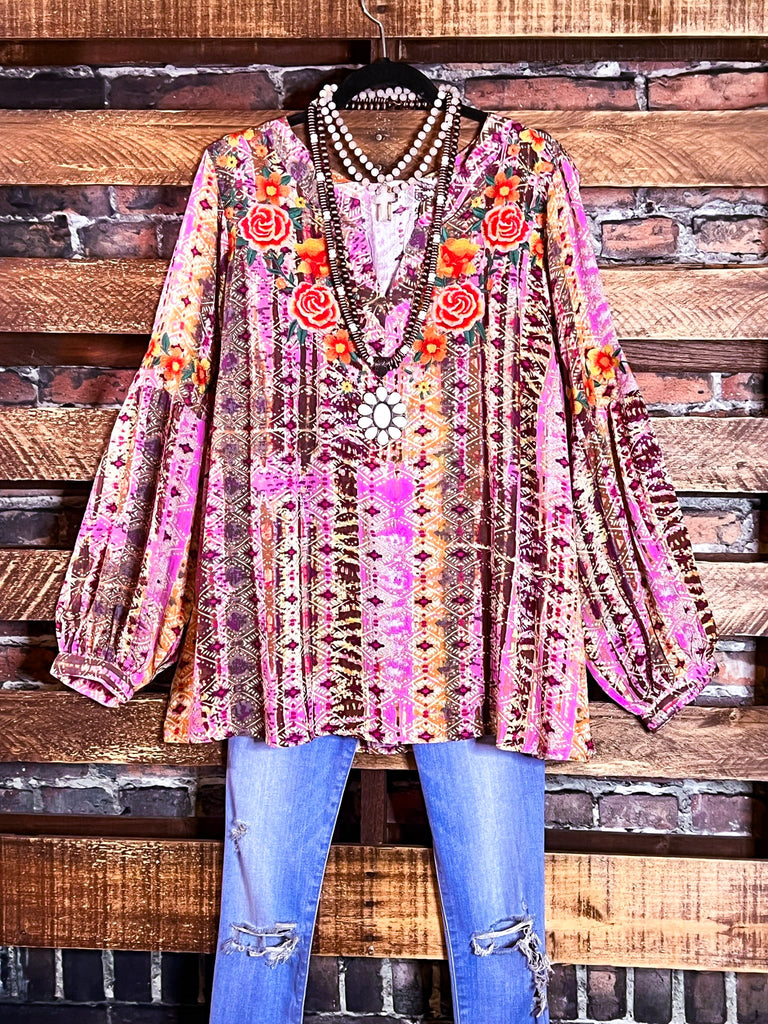 FLORAL DAYDREAM EMBROIDERED TOP IN PINK & MULTI-COLOR