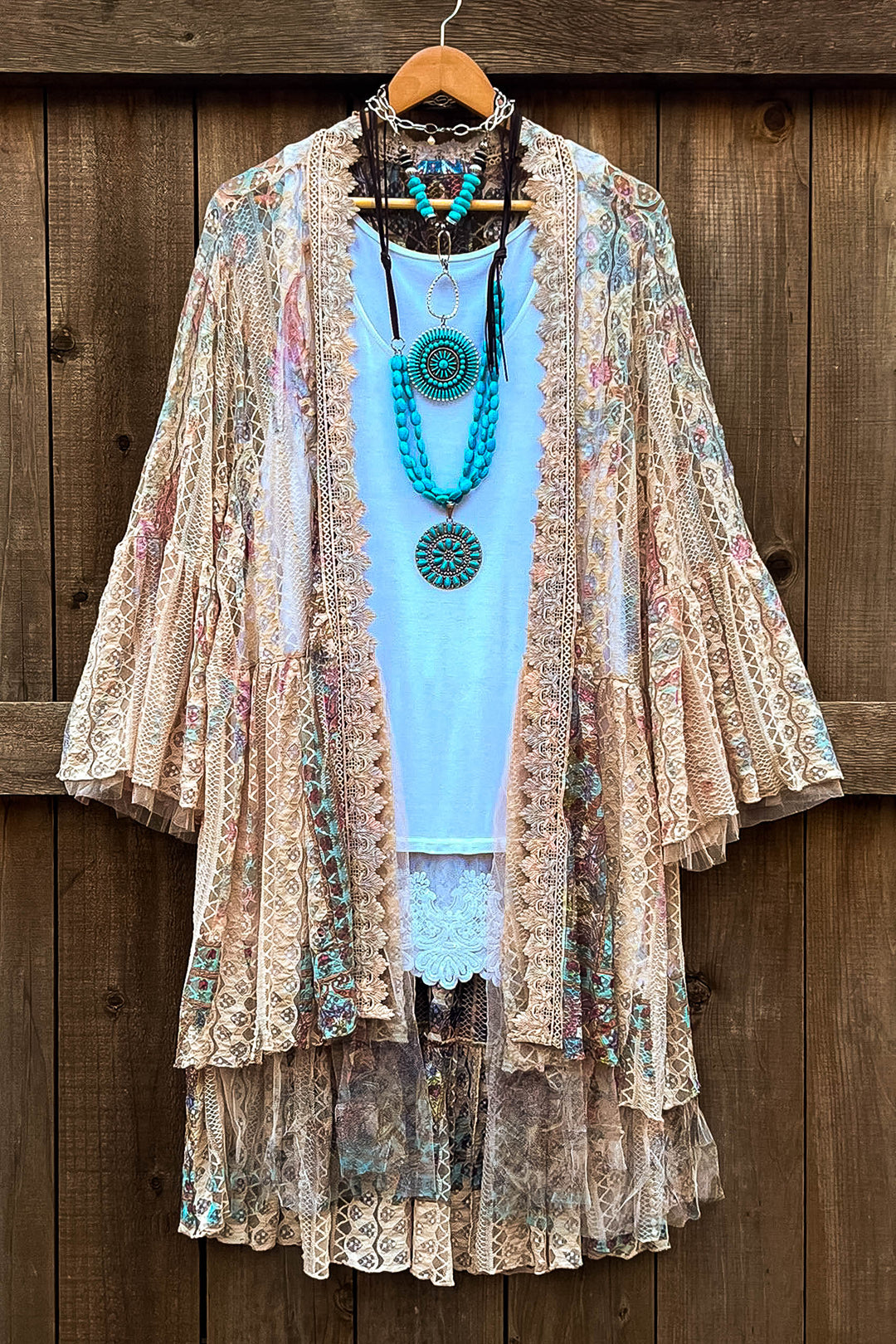 A True Beauty Lace Multi-Color Cardigan Taupe & Turquoise