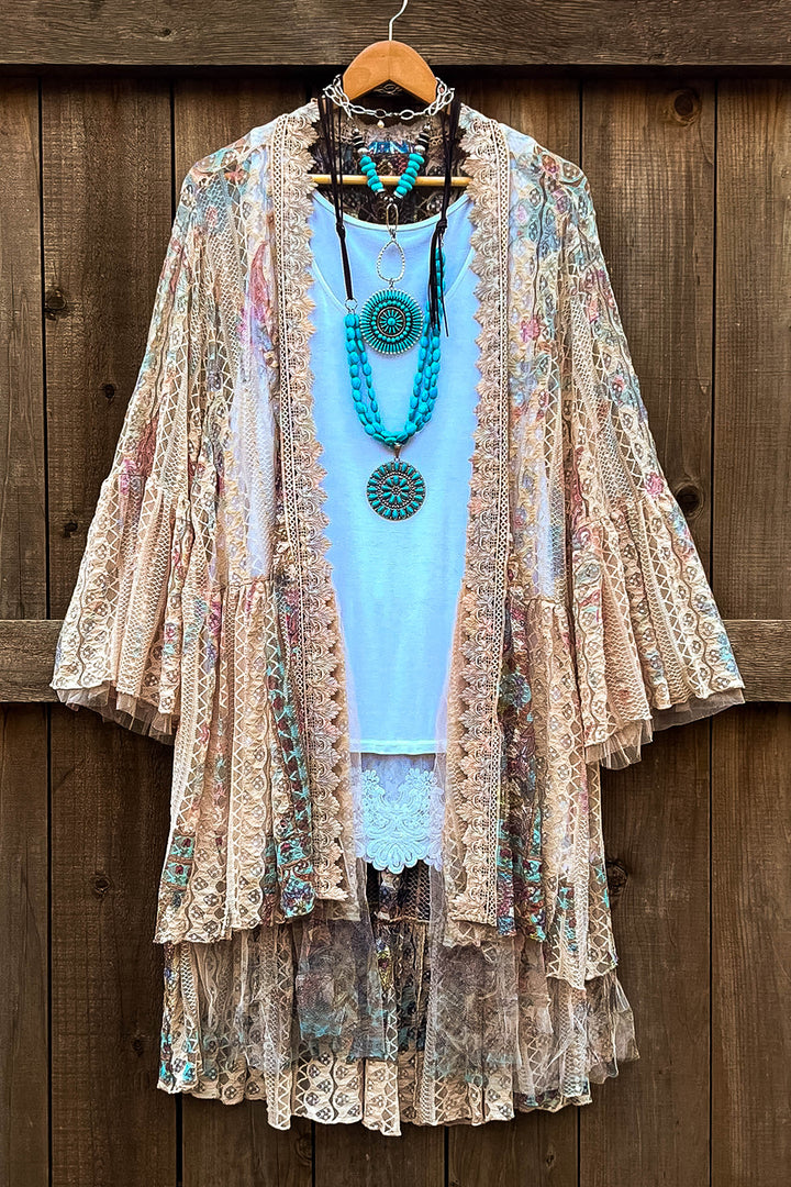 A True Beauty Lace Multi-Color Cardigan Taupe & Turquoise