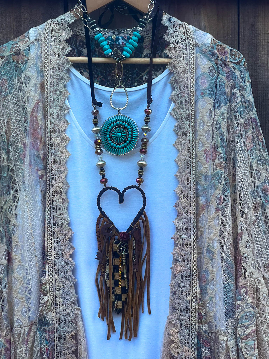 A True Beauty Lace Multi-Color Cardigan Taupe & Turquoise