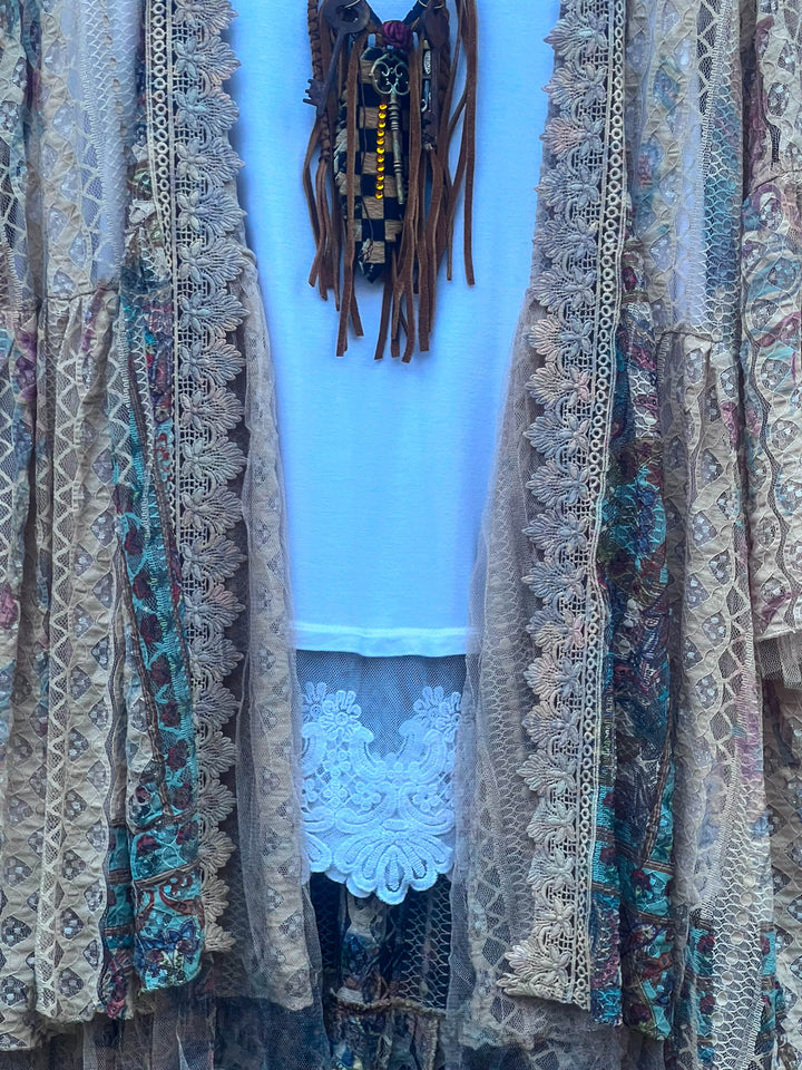 A True Beauty Lace Multi-Color Cardigan Taupe & Turquoise