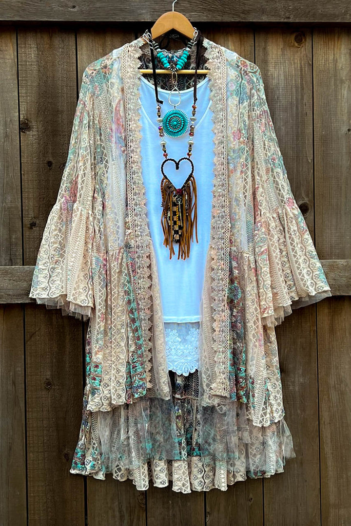 A True Beauty Lace Multi-Color Cardigan Taupe & Turquoise