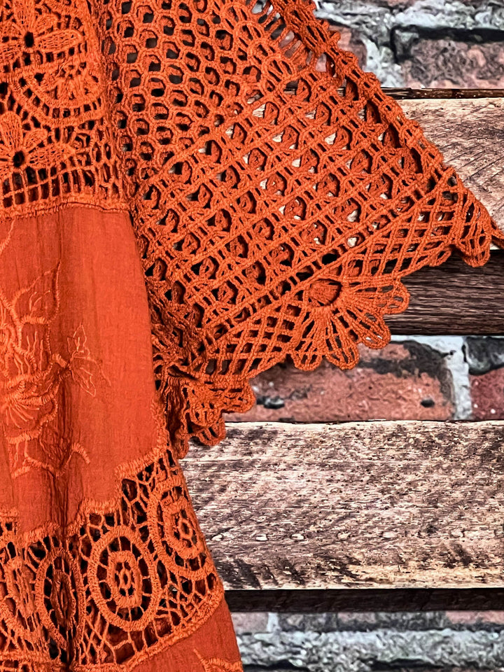 GRACEFUL BEAUTY 100% COTTON CROCHET LACE TUNIC IN RUST