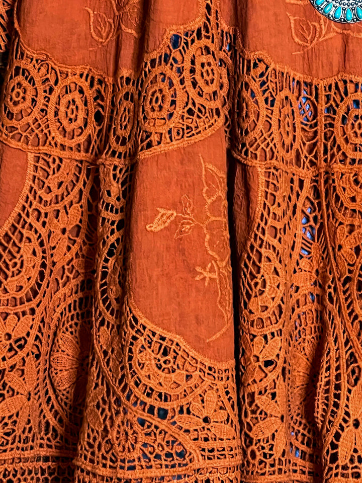 GRACEFUL BEAUTY 100% COTTON CROCHET LACE TUNIC IN RUST