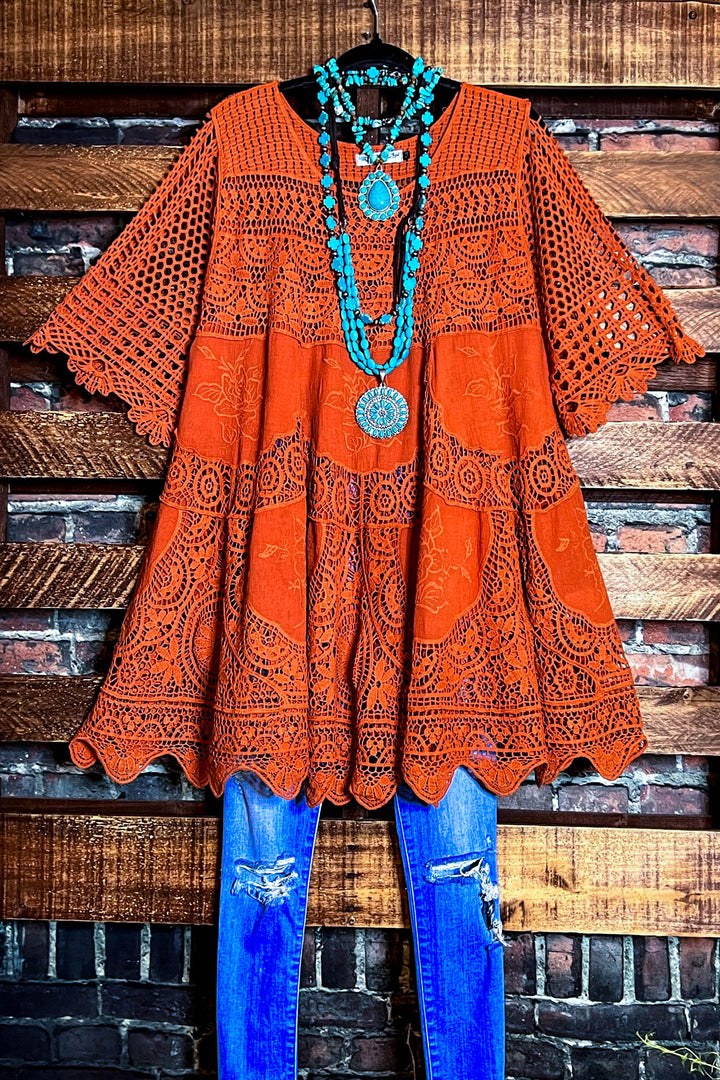 GRACEFUL BEAUTY 100% COTTON CROCHET LACE TUNIC IN RUST