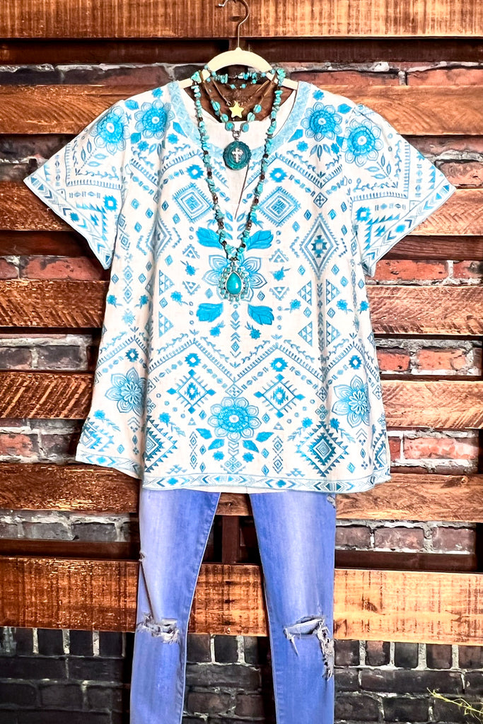 Dancing In The Moonlight Embroidered Blouse in Linen Turquoise