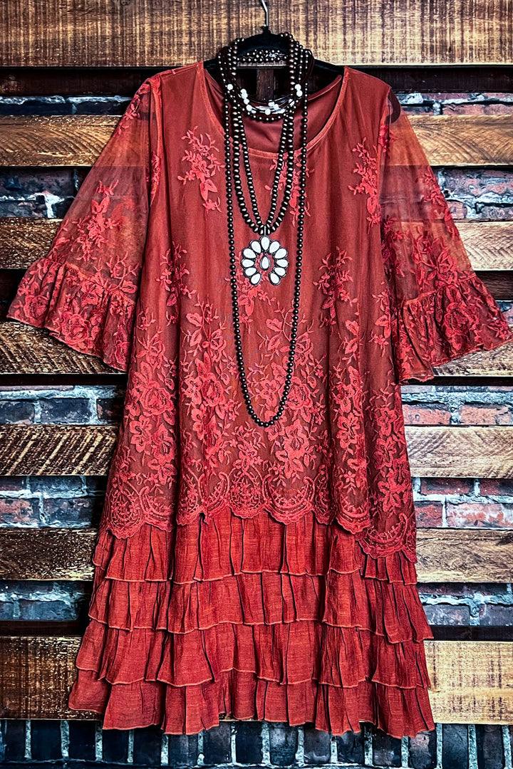 ADMIRE YOUR BEAUTY EMBROIDERED LACE DRESS IN RUST