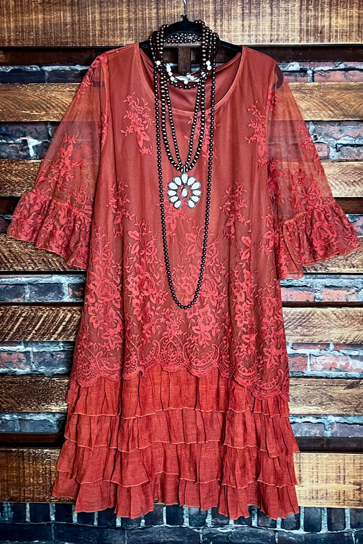 ADMIRE YOUR BEAUTY EMBROIDERED LACE DRESS IN RUST