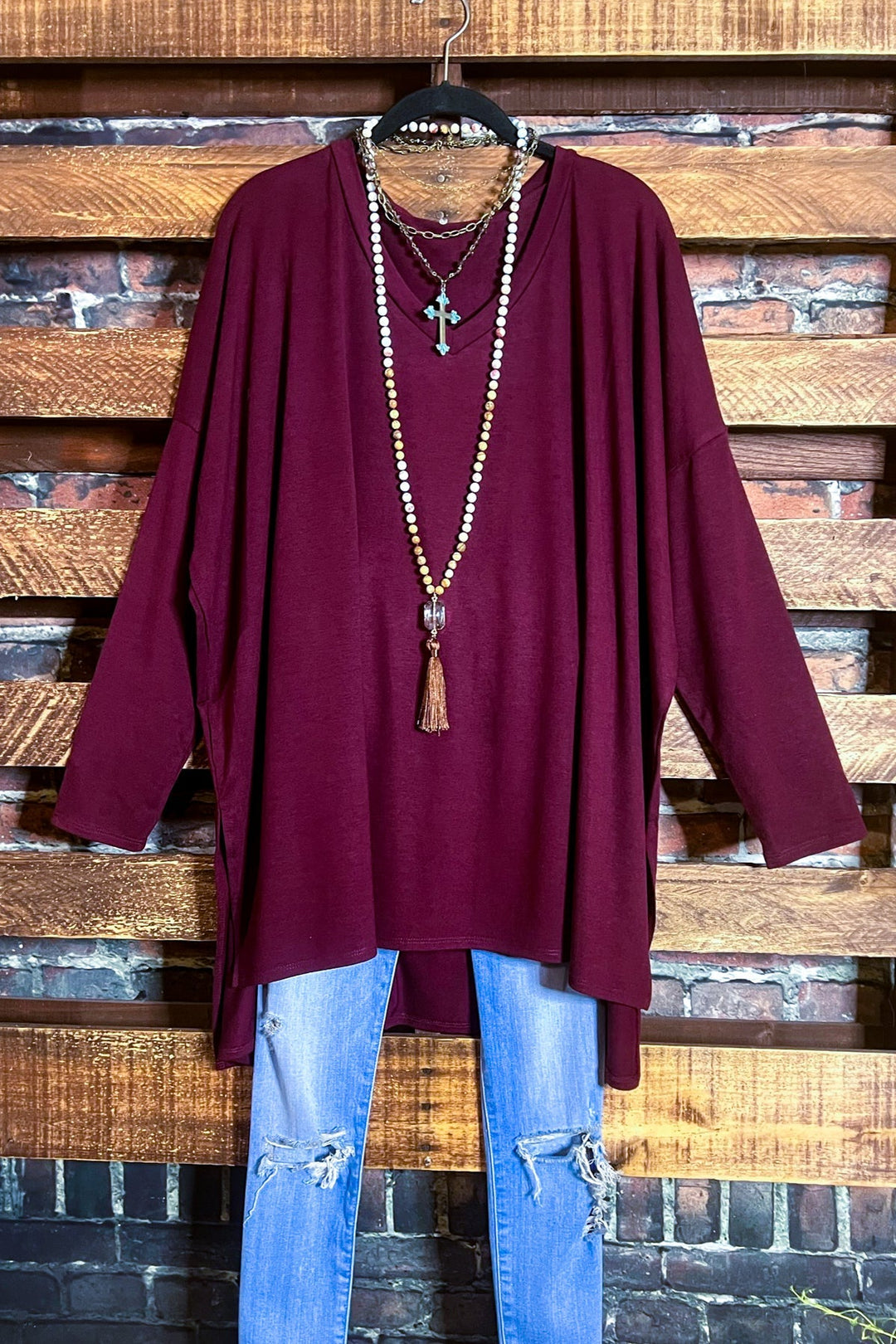 FOREVER PERFECTLY SIMPLE & OVERSIZED DARK BURGUNDY T-TUNIC---------SALE