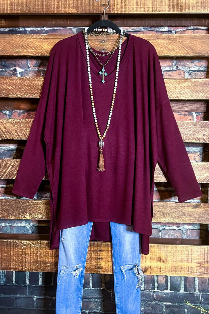 FOREVER PERFECTLY SIMPLE & OVERSIZED DARK BURGUNDY T-TUNIC---------SALE