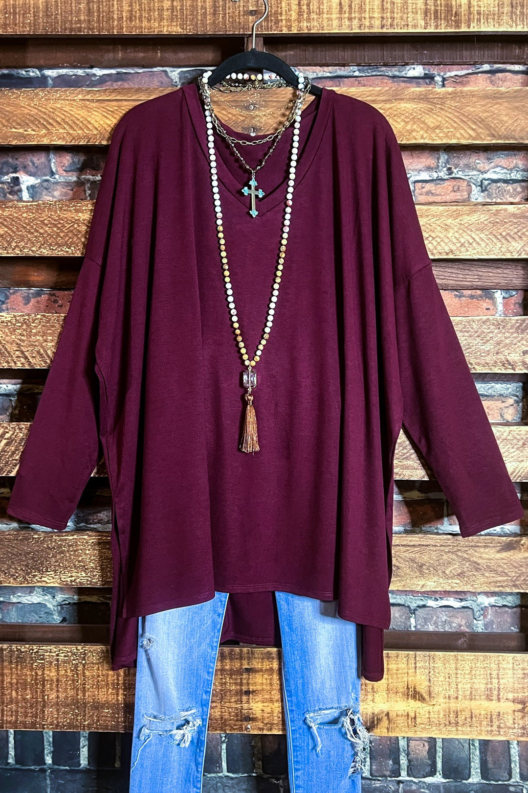FOREVER PERFECTLY SIMPLE & OVERSIZED DARK BURGUNDY T-TUNIC---------SALE