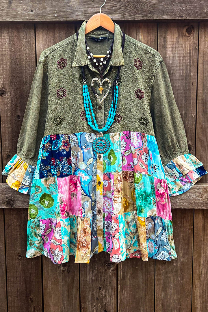 Patchwork Blossom Tunic Gravel & Multi-Color