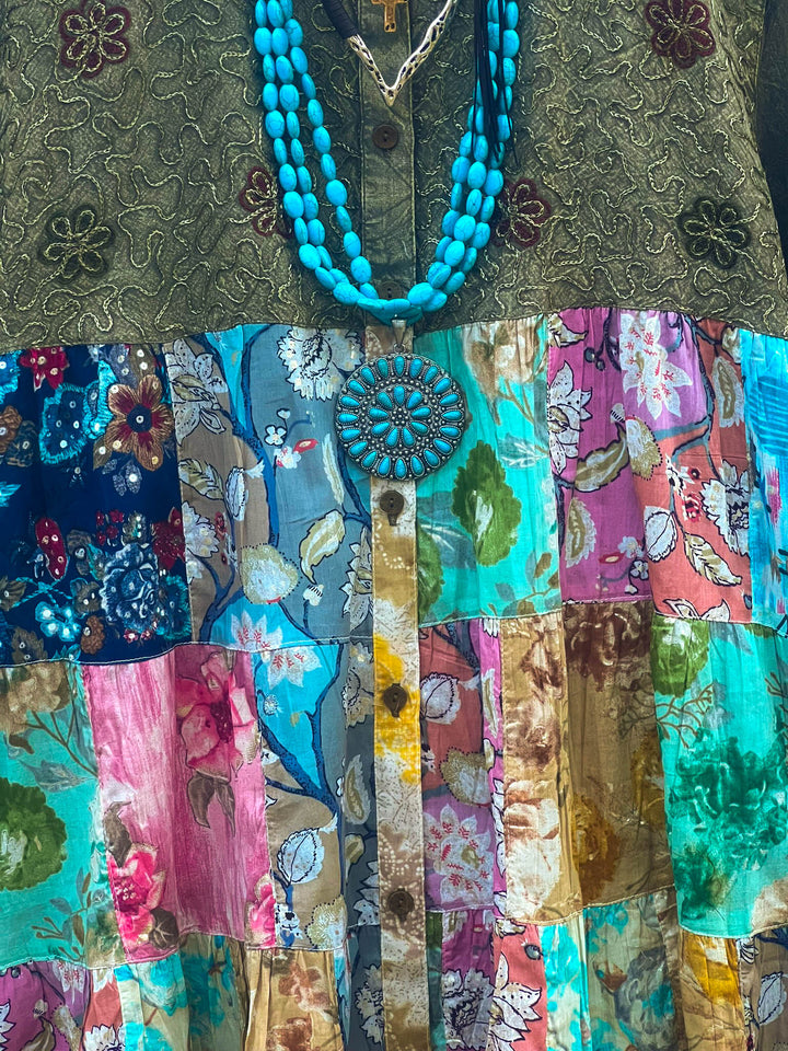 Patchwork Blossom Tunic Gravel & Multi-Color