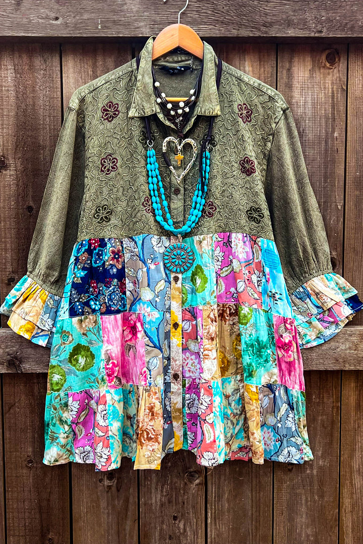 Patchwork Blossom Tunic Gravel & Multi-Color