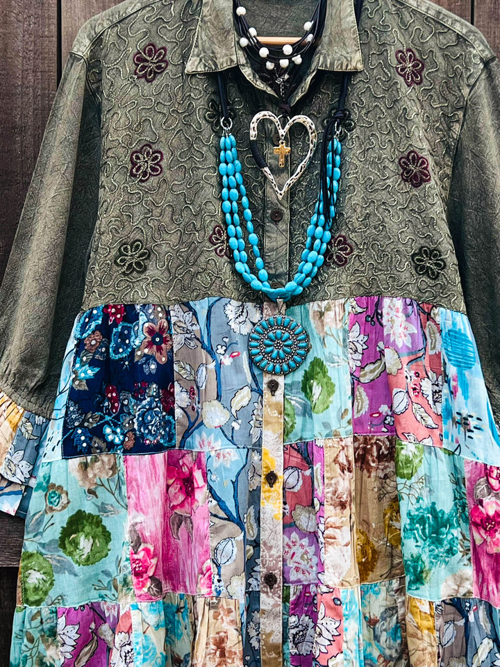 Patchwork Blossom Tunic Gravel & Multi-Color