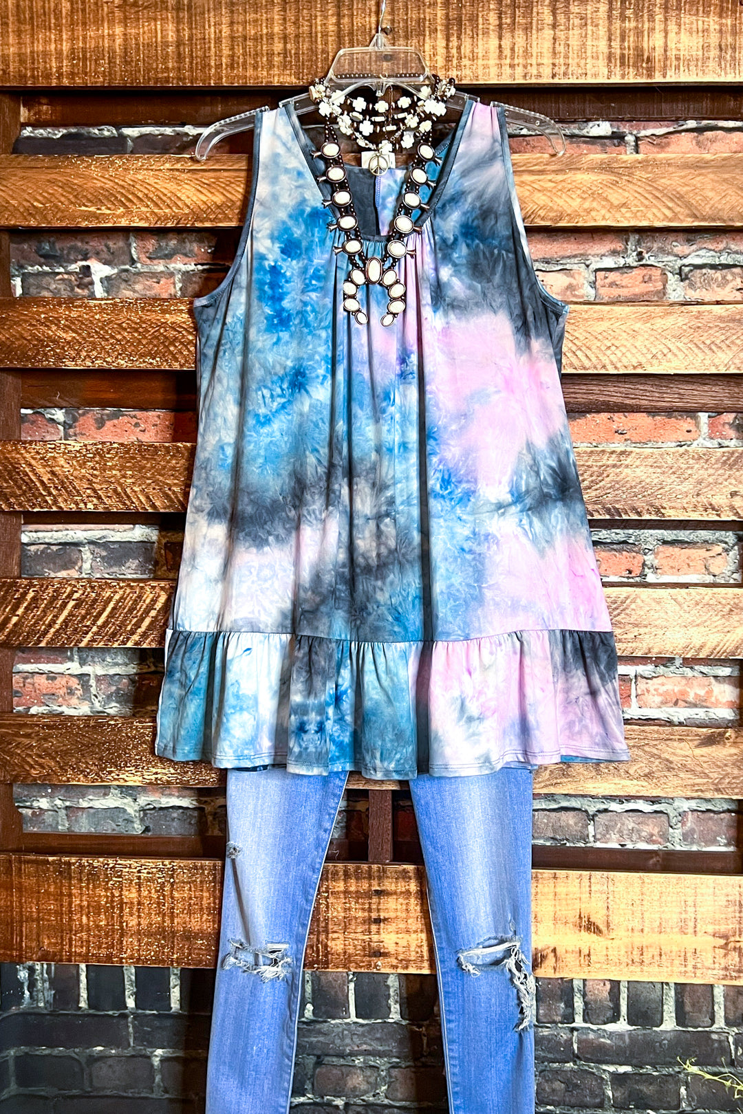 LIVE YOUR DREAMS TIE DYE TOP IN DENIM AND LAVENDER