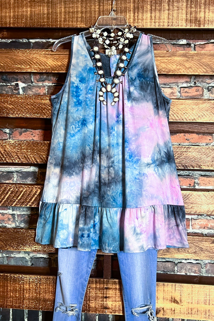 LIVE YOUR DREAMS TIE DYE TOP IN DENIM AND LAVENDER