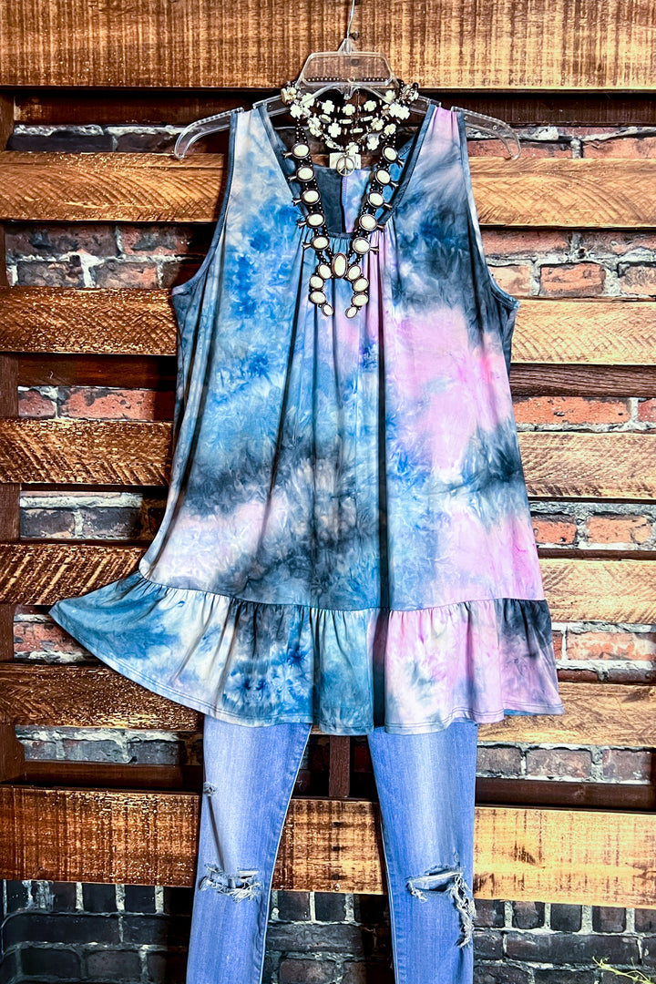 LIVE YOUR DREAMS TIE DYE TOP IN DENIM AND LAVENDER
