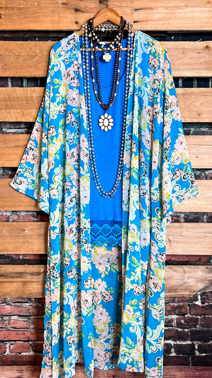 Vacation Resort  Floral Turquoise Maxi Kimono-------Sale