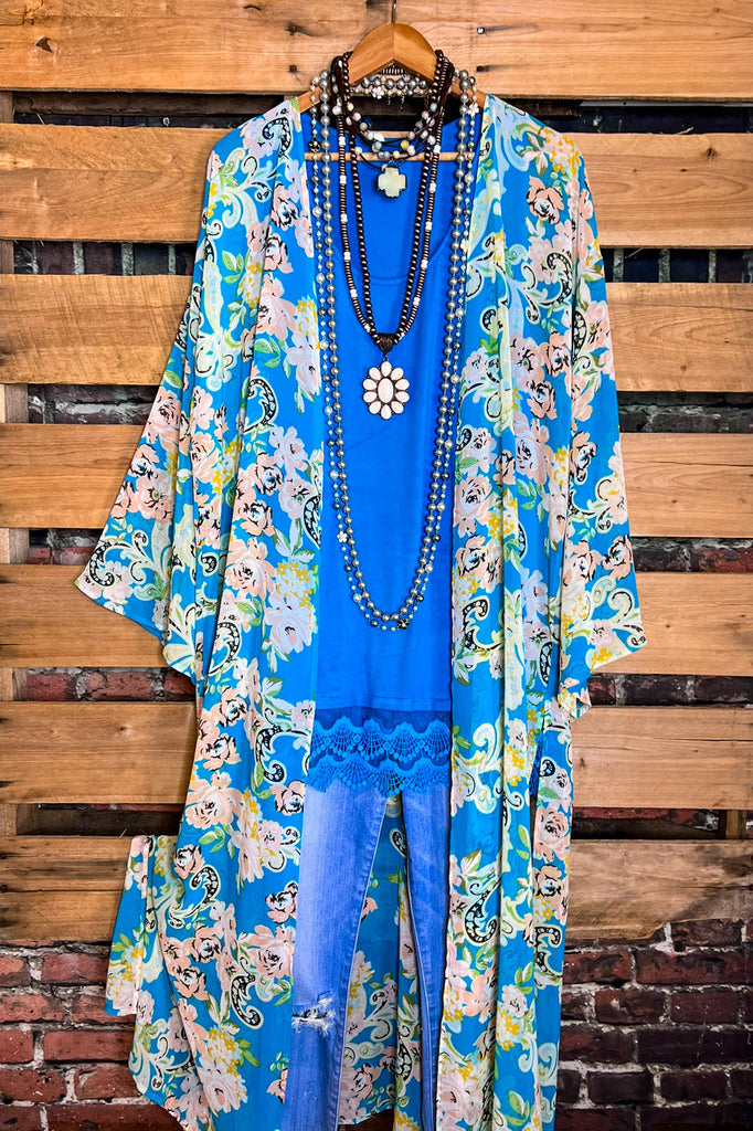 Living My Best Life Floral Turquoise Maxi Kimono