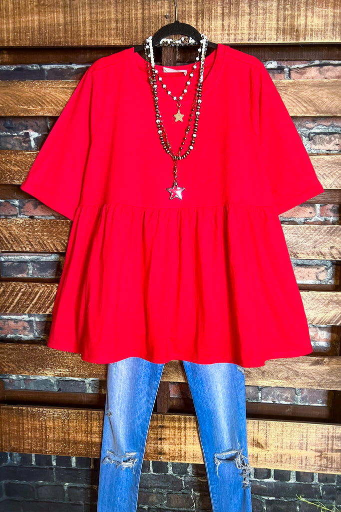 LET'S GO TO TOWN 100 % COTTON BABYDOLL TOP IN RED