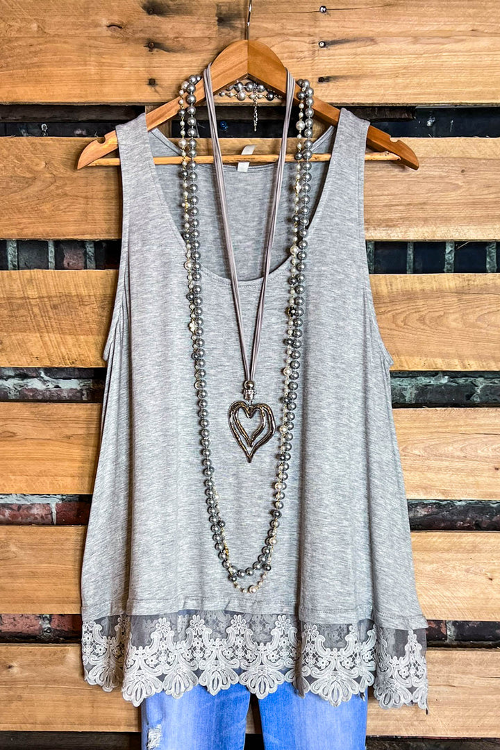 FULL OF GRACE GRAY LACE SLIP DRESS EXTENDER TOP