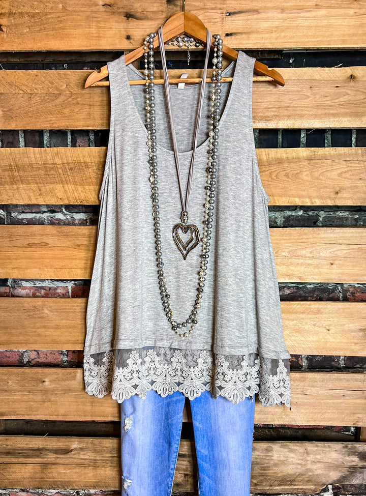 FULL OF GRACE GRAY LACE SLIP DRESS EXTENDER TOP