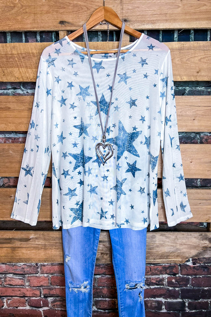 SPIRIT OF BLISS STARS BLUE DENIM MESH TOP