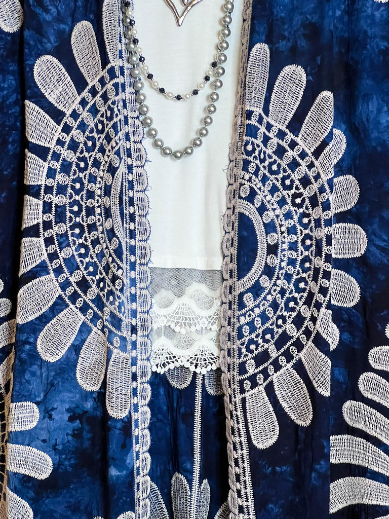 BOHO VACATION ESCAPE NAVY BLUE TIE DYE EMBROIDERED KIMONO