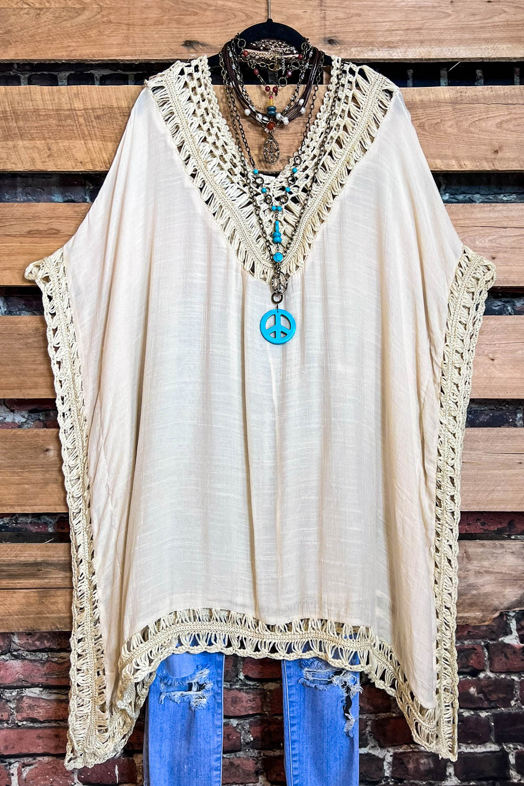 BOHO ARTISAN PEASANT TUNIC PONCHO IN BEIGE
