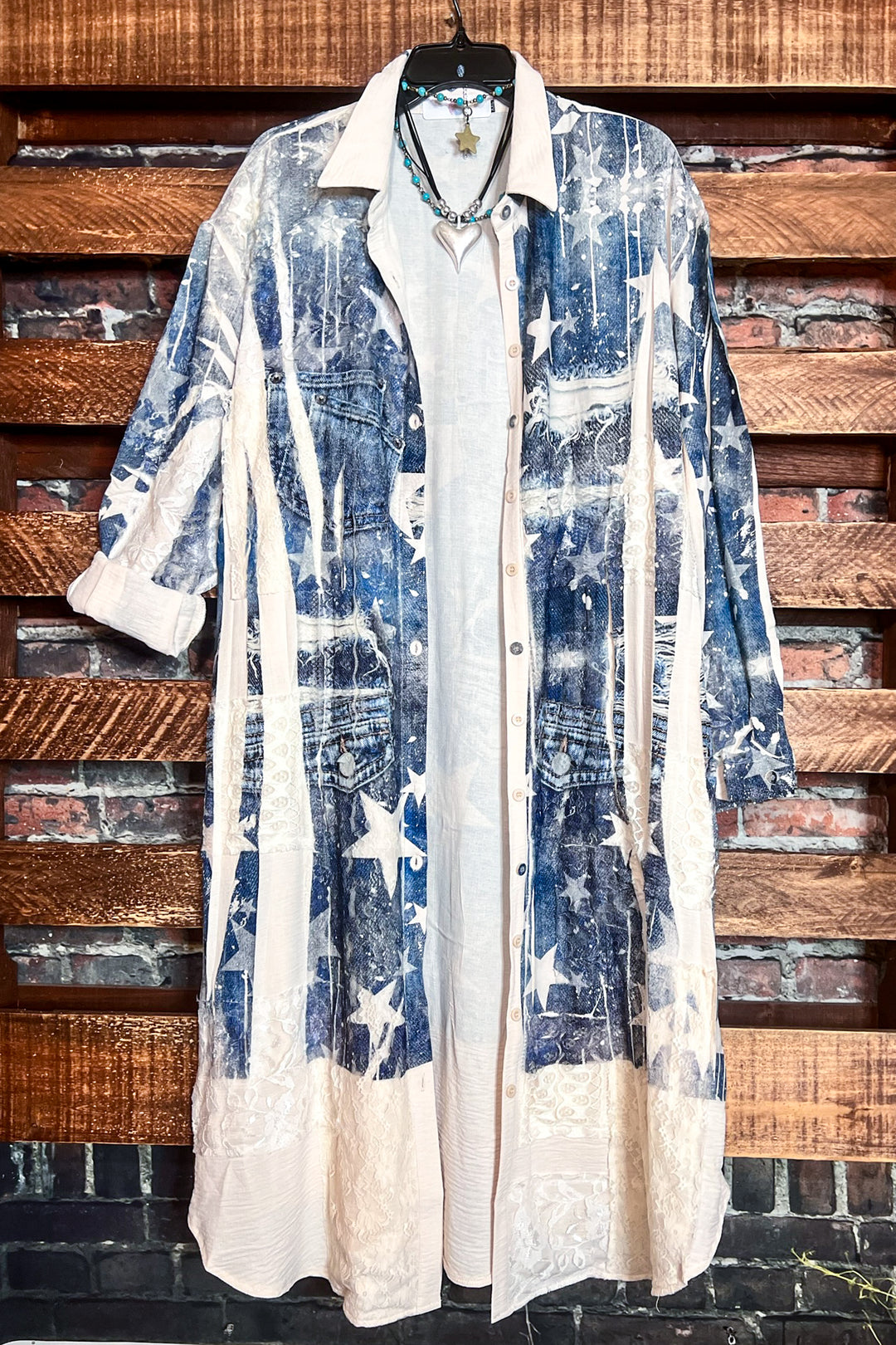 Queen Of Stars Comfort Lace Shirt Jacket In Beige & Blue Denim
