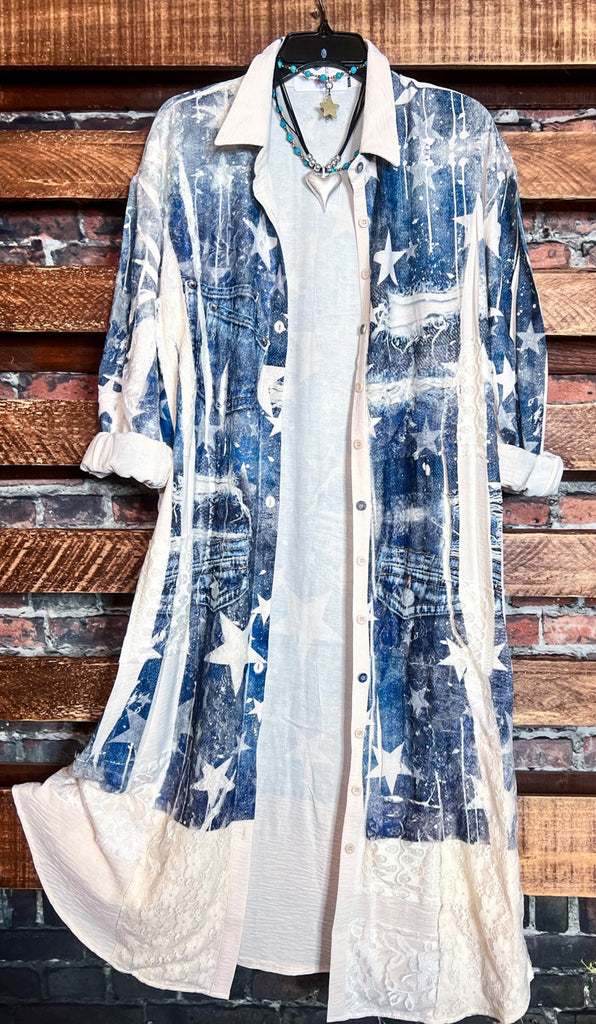 STARS ON WAY LACE JACKET OVERSIZED IN BEIGE & DENIM