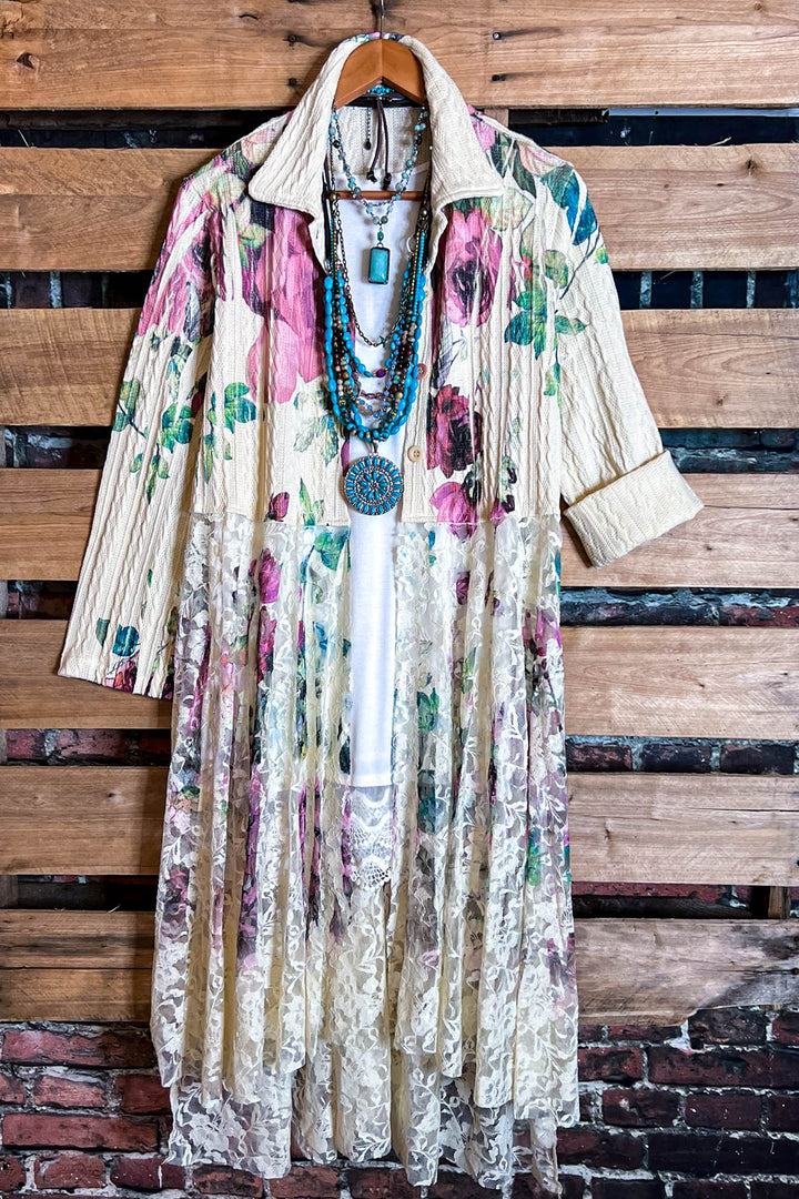 MAGNOLIA BLOSSOM LACE JACKET CARDIGAN IN BEIGE & MULTI-COLOR