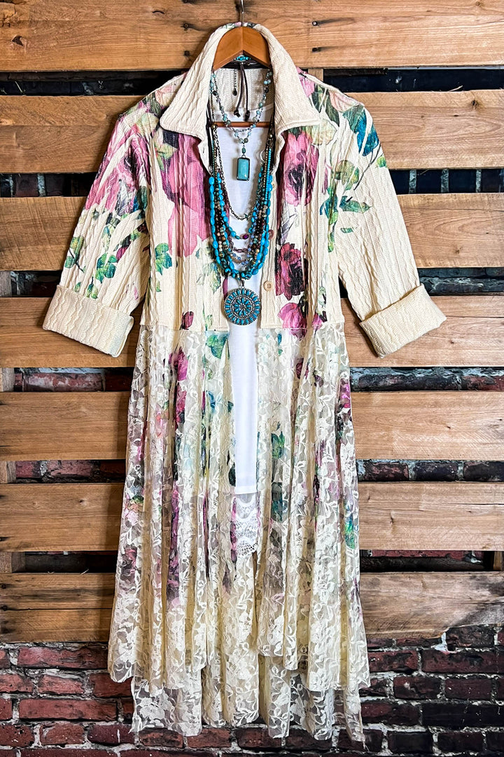 MAGNOLIA BLOSSOM LACE JACKET CARDIGAN IN BEIGE & MULTI-COLOR
