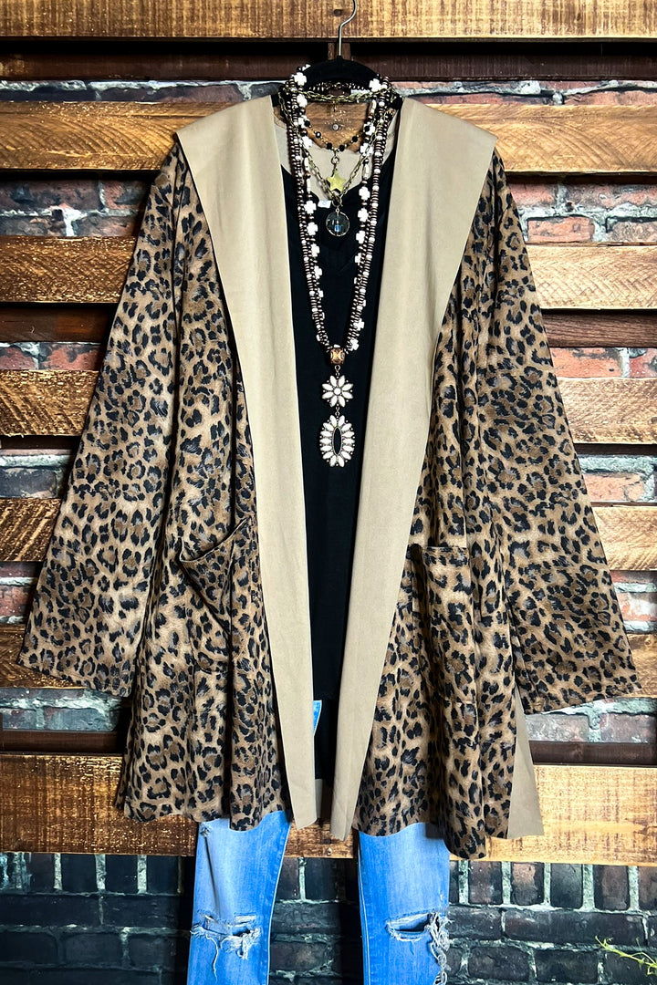 PLUS SIZE LEOPARD JACKET HOODIE PATCHED POCKETS---------SALE
