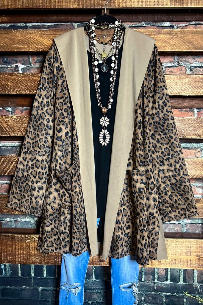 CHARM YOUR WAY FAB SUEDE LEOPARD JACKET HOODIE PATCHED POCKETS
